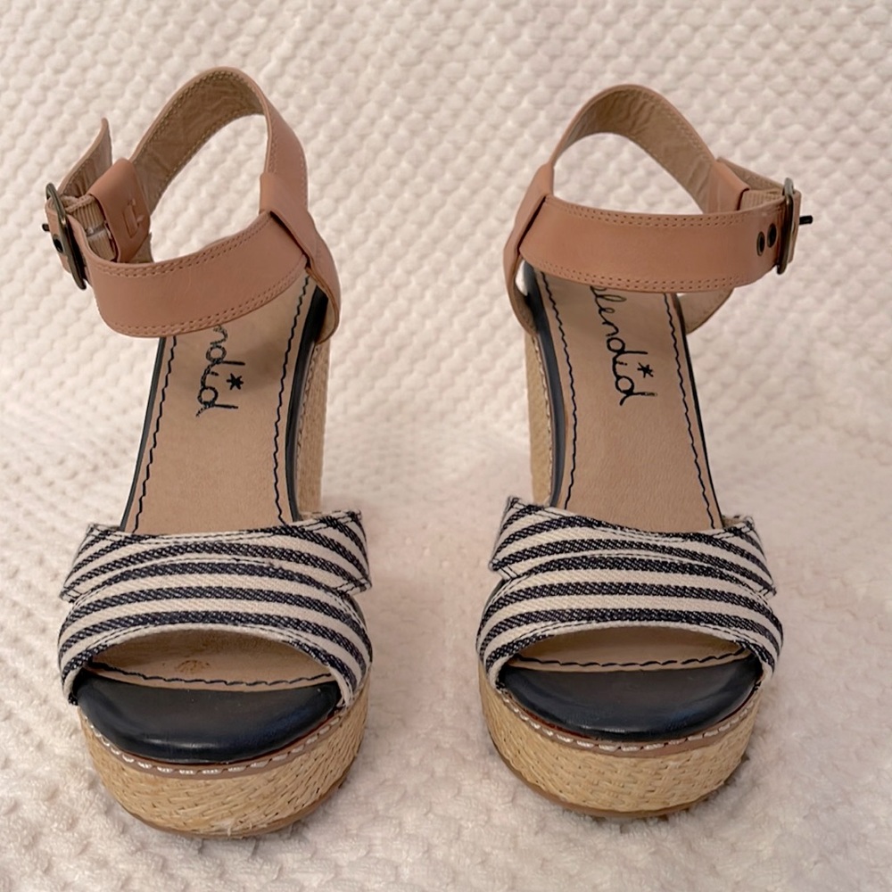 Navy and whit striped platform espadrille sandals with nude ankle straps
